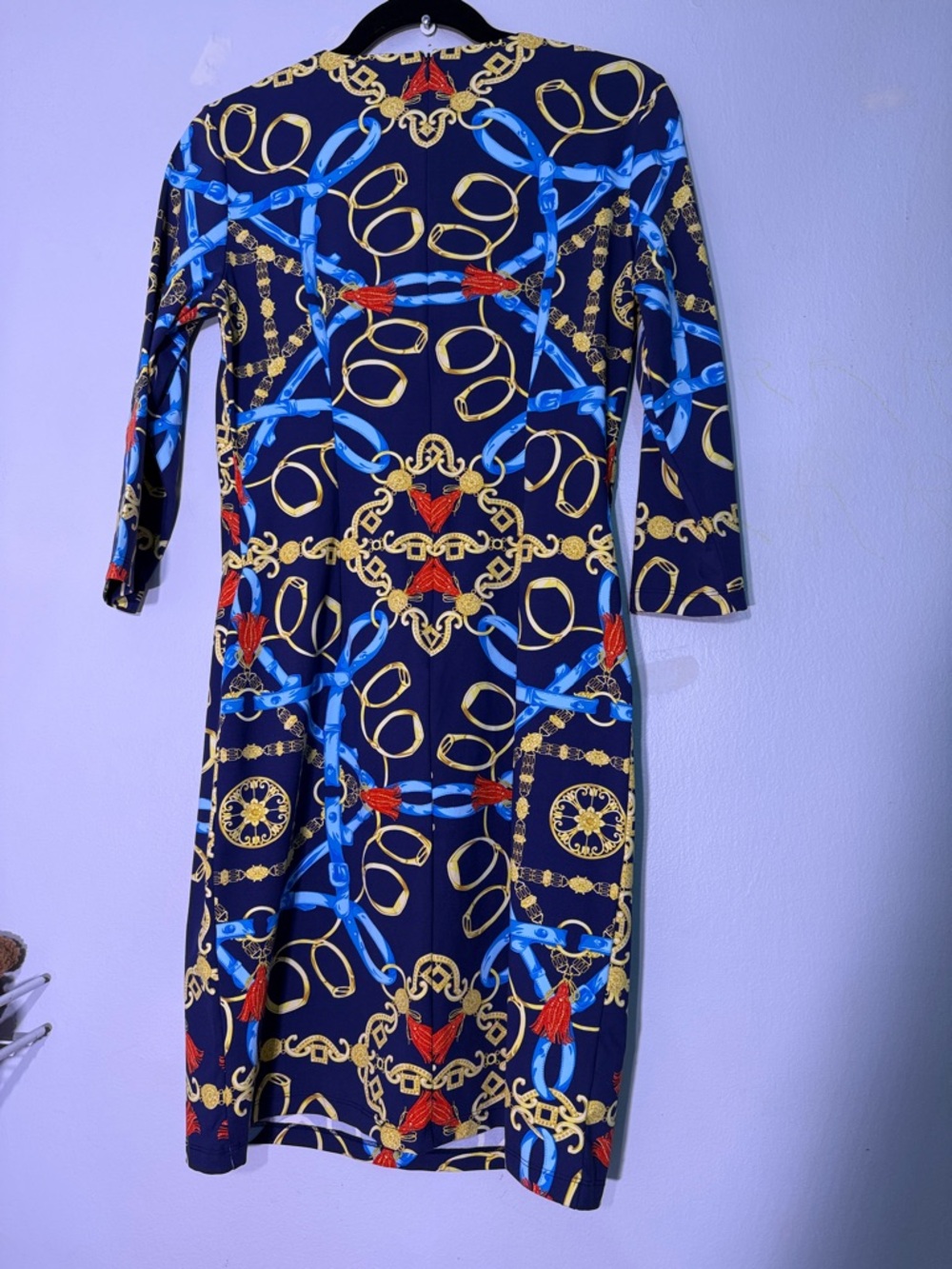 J.McLaughlin Navy Chain-Print Sheath Dress with Blue & Gold Accents small - Picture 5 of 6